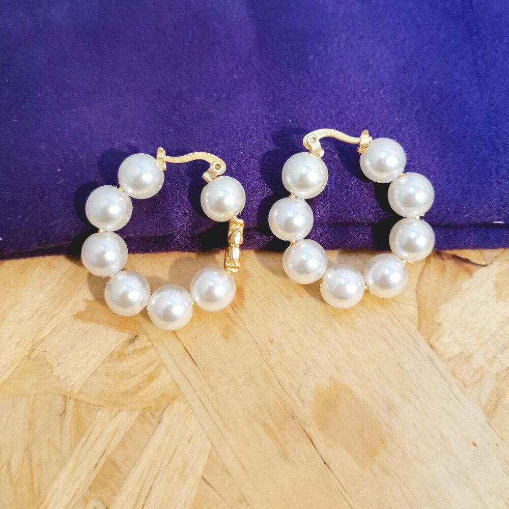 Tory Burch Gold and Cream Pearl Hoops